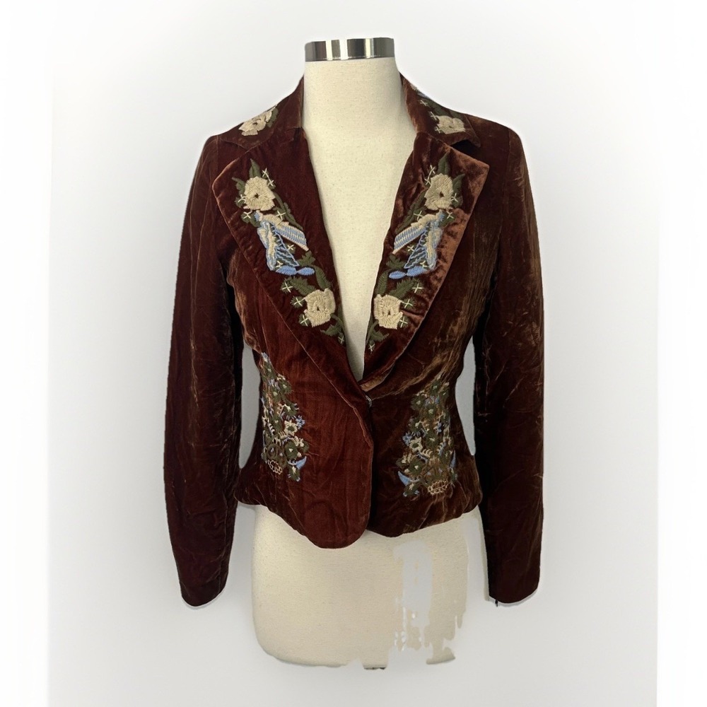 TM True Meaning NWT Blazer Anthropologie Embroidered Velvet Jacket Brown‎ Sz 2